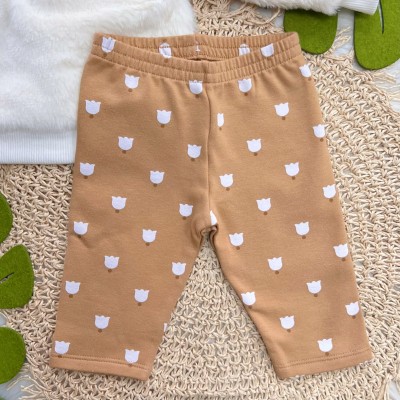 Conj. Casaco de Pelinho Flores e Calça Legging - Caramelo e Off White
